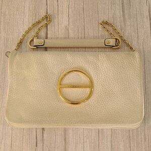 Borbonese Cream Leather Clutch Shoulder Bag Removable Chain Strap